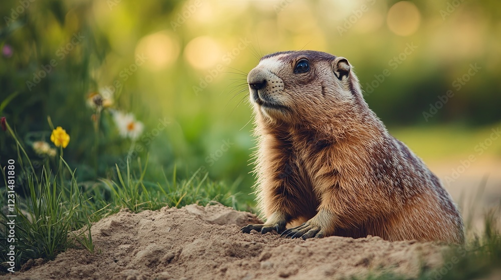 Groundhog sitting outside its burrow, looking at the sky with a thoughtful expression. pic Groundhog sitting outside its burrow, looking at the sky with a thoughtful expression. pic