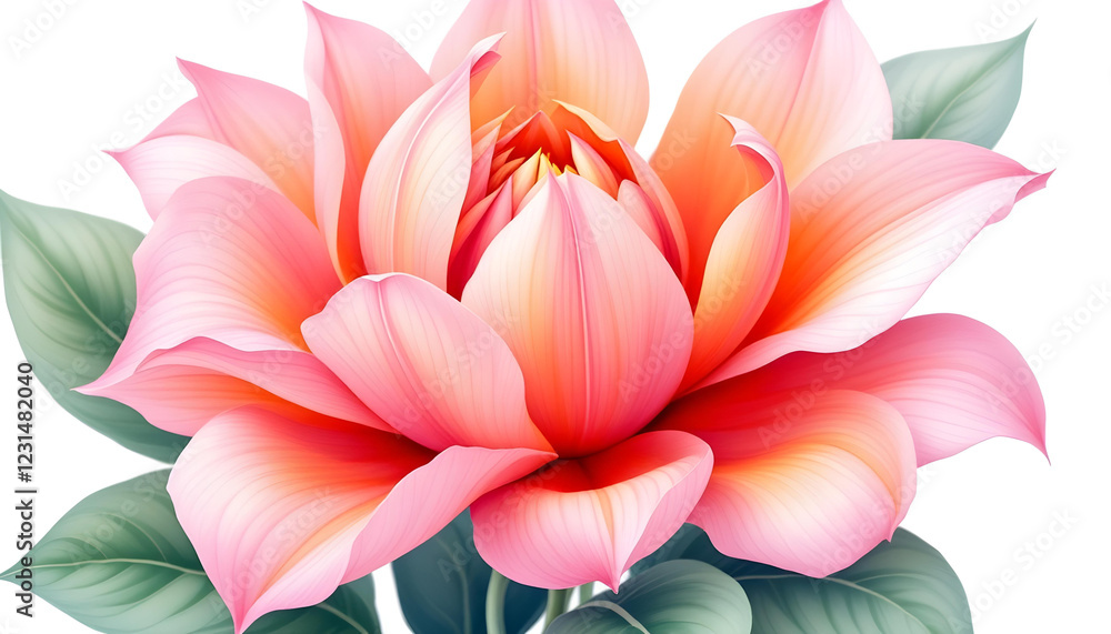 Obraz premium Botanical illustration of a stunning pink and orange flower with smooth, curved petals. The digital artwork captures the subtle color transitions and fine veins of each petal, creating a soft yet vibr