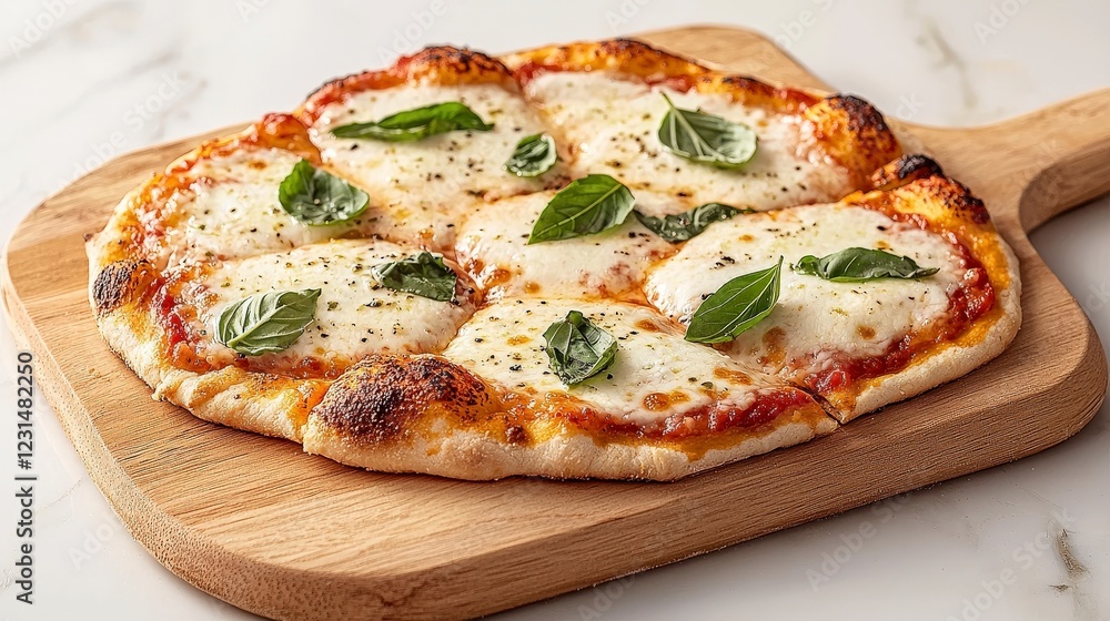 Mouthwatering Margherita Pizza with Fresh Basil Leaves on Wooden Cutting Board Mouthwatering Margherita Pizza with Fresh Basil Leaves on Wooden Cutting Board
