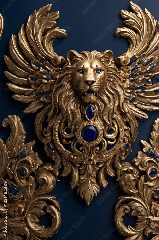 A majestic 3D metallic coat of arms featuring a golden lion against a rich blue background. This regal emblem symbolizes strength, nobility, and heritage with intricate detailing. A majestic 3D metallic coat of arms featuring a golden lion against a rich blue background. This regal emblem symbolizes strength, nobility, and heritage with intricate detailing.