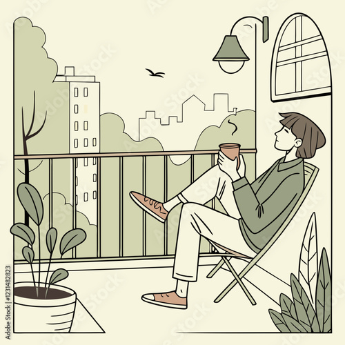 Person sitting on a balcony enjoying a drink against a city view