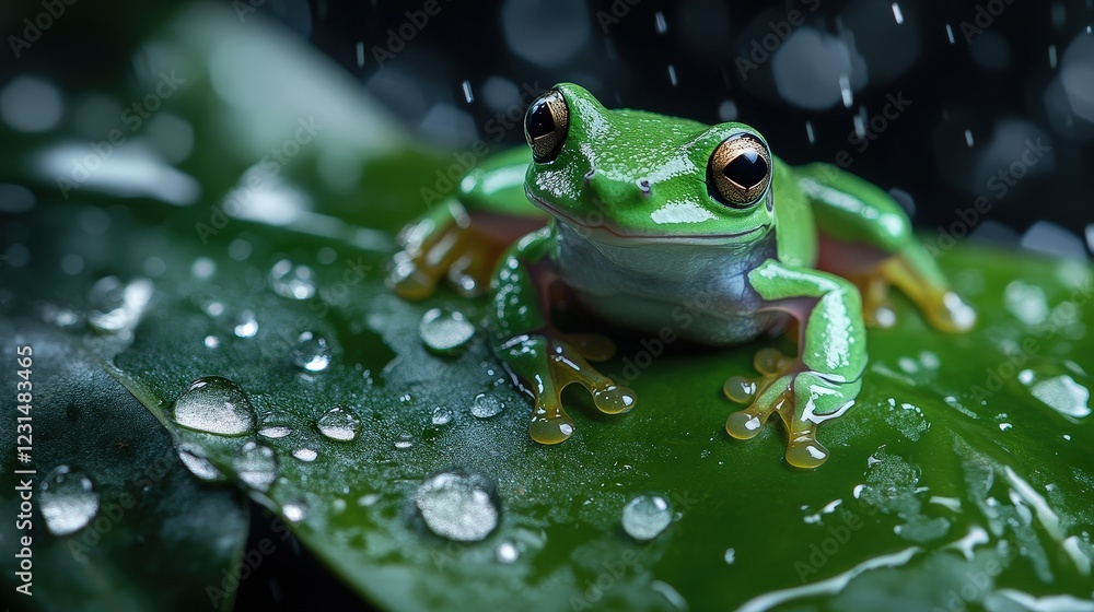 Rainy Day Frog: A vibrant green tree frog, speckled with hints of brown, sits serenely on a rain-soaked leaf, water droplets clinging to its smooth skin. The gentle rain adds to the serene atmosphere.