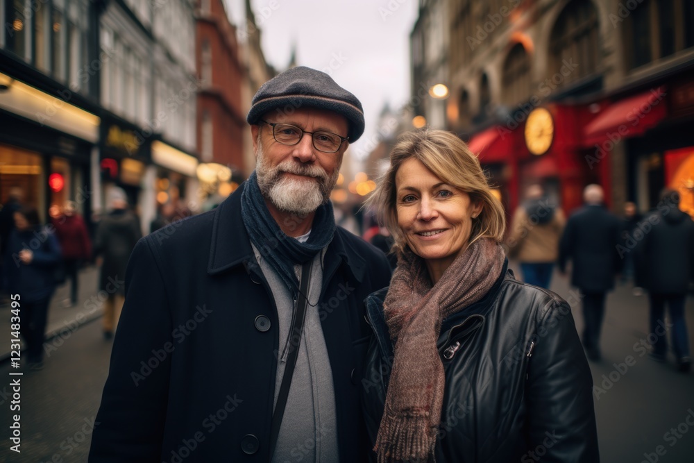 A man and a woman are posing for a picture on a busy street A man and a woman are posing for a picture on a busy street
