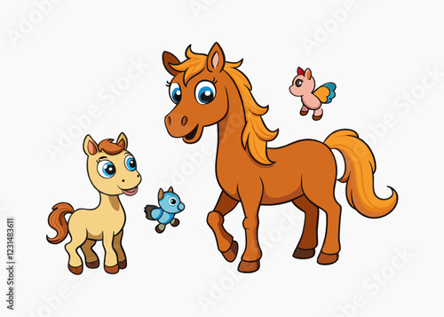 Hand drawn standing brown horse, rearing up Arabian horse, beautiful horse with brown hair Isolated vector illustration