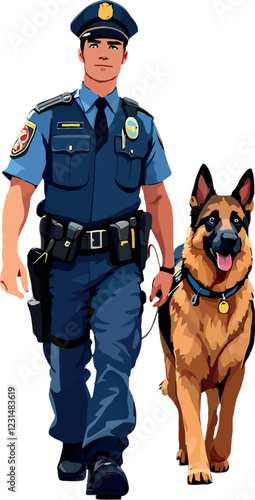 Police officer walking with german shepherd dog