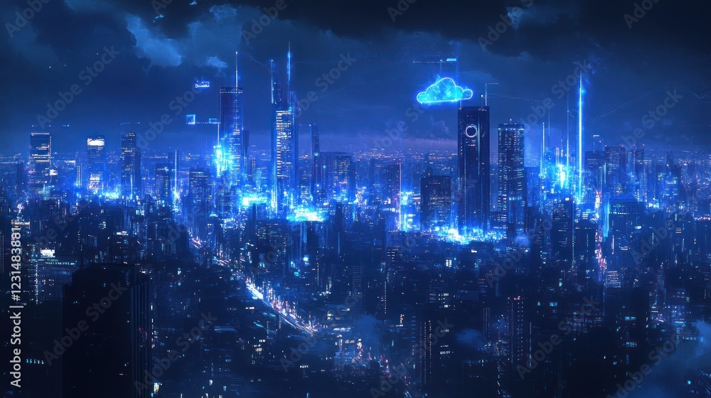 Futuristic city skyline, nighttime, cloud computing, data transfer Futuristic city skyline, nighttime, cloud computing, data transfer