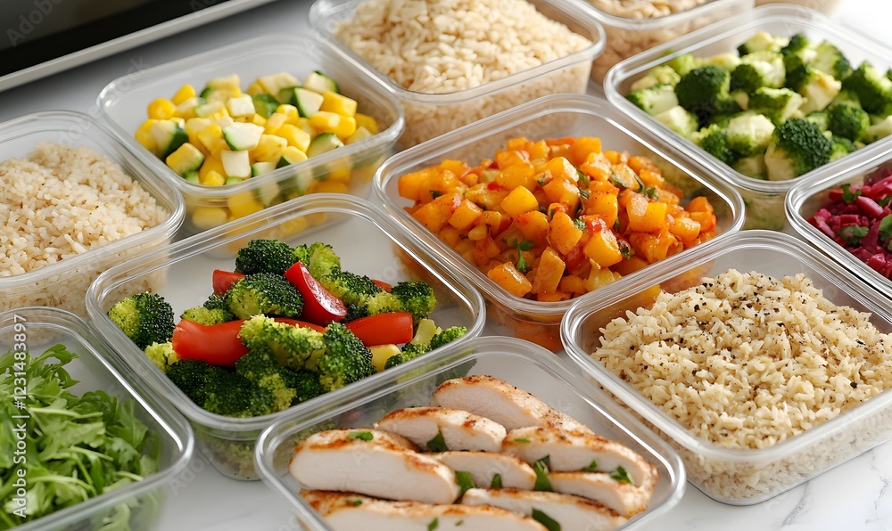 Feel Prep contains healthy foods such as fried chicken, brown rice, and microwave in glass containers, Generative AI Feel Prep contains healthy foods such as fried chicken, brown rice, and microwave in glass containers, Generative AI