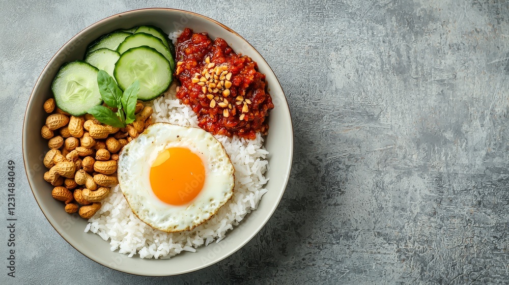 Delicious bowl of rice topped with fried egg, cucumber slices, spicy sauce, and roasted peanuts on textured background Delicious bowl of rice topped with fried egg, cucumber slices, spicy sauce, and roasted peanuts on textured background