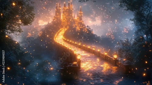 A surreal glowing bridge leading to a mystical castle in a radiant fantasy world photo