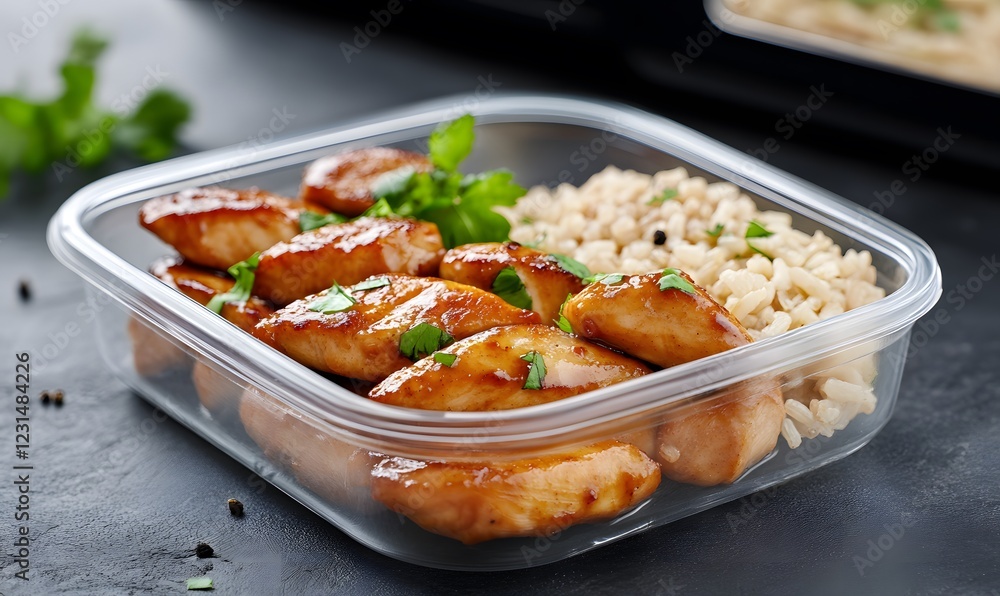 Feel Prep contains healthy foods such as fried chicken, brown rice, and microwave in glass containers, Generative AI Feel Prep contains healthy foods such as fried chicken, brown rice, and microwave in glass containers, Generative AI