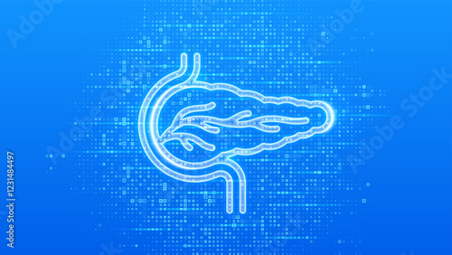 Pancreas icon. Pancreas health, care and protection. Treatment of pancreatic diseases, acute and chronic pancreatitis. Blue medical background made with cross shape symbol. Vector illustration.