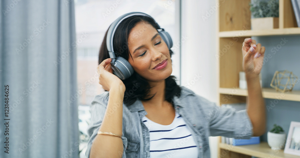 Woman, relax and dance with headphones at house for listen to music, streaming audio and energy. Female person, technology and moving for rhythm, playlist sound and carefree freedom with subscription