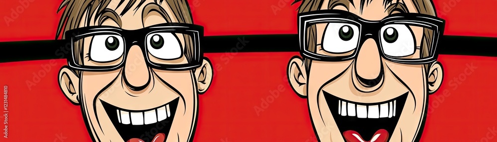 Two goofy men, red background, comic style, website banner Two goofy men, red background, comic style, website banner