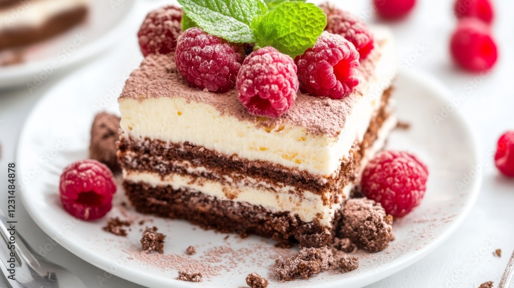 Delicious tiramisu dessert slice topped with fresh raspberries and cocoa powder, served on a white plate. Delicious tiramisu dessert slice topped with fresh raspberries and cocoa powder, served on a white plate.