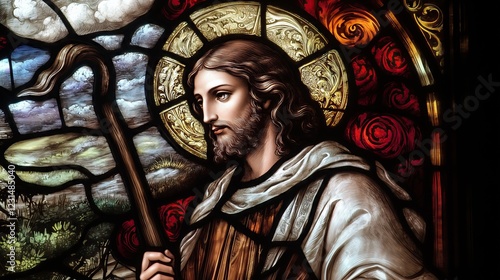 Detail of Jesus the good shepherd from a selection of religious stained glass