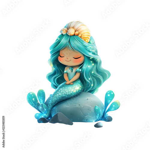 Serene Teal Mermaid on Ocean Rock, Digital Illustration