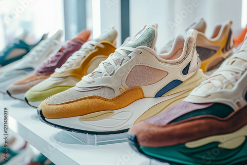 Colorful sneakers displayed in a row on bright shelf