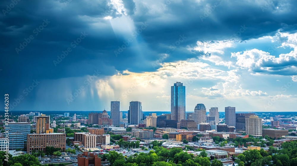 Dramatic Urban Skyline Under Dark Stormy Clouds and Sunlight Rays Dramatic Urban Skyline Under Dark Stormy Clouds and Sunlight Rays
