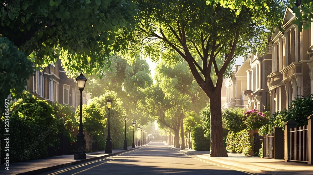 Serene Residential Street with Lush Green Trees and Warm Lighting Serene Residential Street with Lush Green Trees and Warm Lighting
