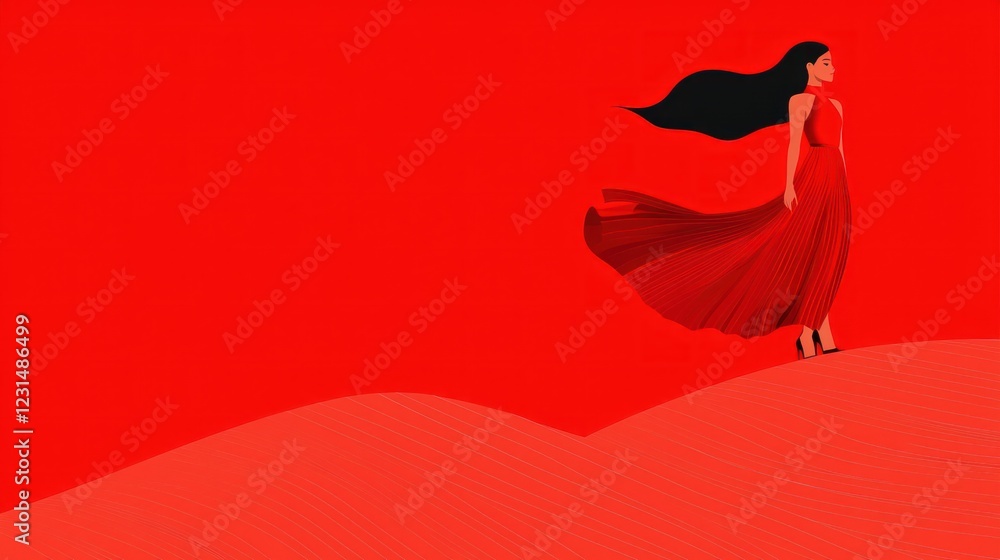 Woman in red dress, desert landscape, windswept hair, fashion illustration, website banner