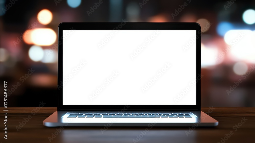 Modern laptop on stylish wooden desk with blank screen for custom designs Modern laptop on stylish wooden desk with blank screen for custom designs