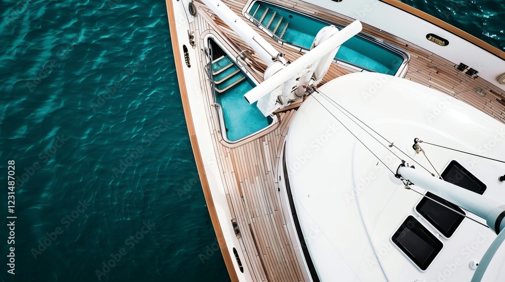 Aerial view of luxurious yacht deck on blue ocean water Aerial view of luxurious yacht deck on blue ocean water