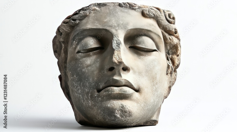 Obraz premium A smooth stone sculpture head of a mythical figure, placed against a clean white background, capturing its mystical aura