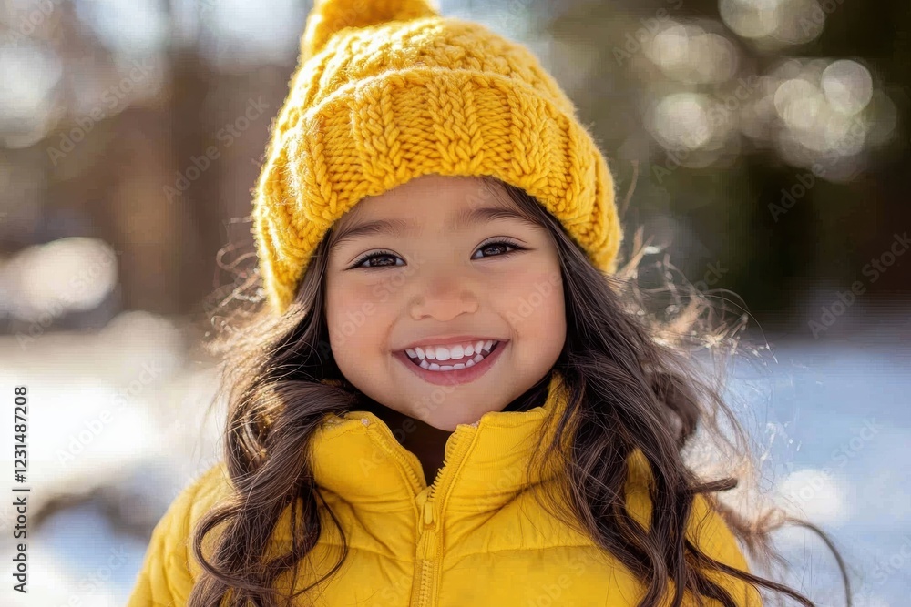 Child smiling outdoors in winter wearing a yellow coat and hat. Joyful moment capturing innocence and happiness in a snowy landscape. Perfect for family and children themes. Child smiling outdoors in winter wearing a yellow coat and hat. Joyful moment capturing innocence and happiness in a snowy landscape. Perfect for family and children themes.