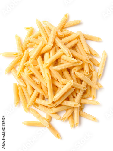 Raw organic penne rigate pasta. Heap of traditional Italian penne pasta isolated on a white bachground. Italian Cuisine. Uncooked dried penne. Top view. Copy space. photo