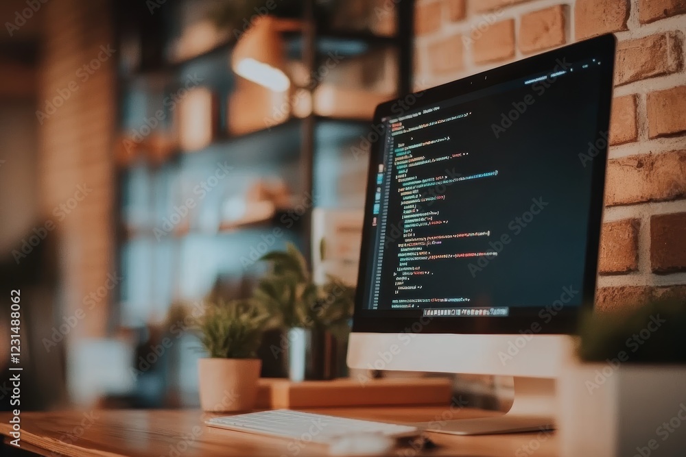 Computer monitor displaying coding on a wooden desk in a cozy workspace with plants and warm lighting for software development and tech-related projects. Computer monitor displaying coding on a wooden desk in a cozy workspace with plants and warm lighting for software development and tech-related projects.