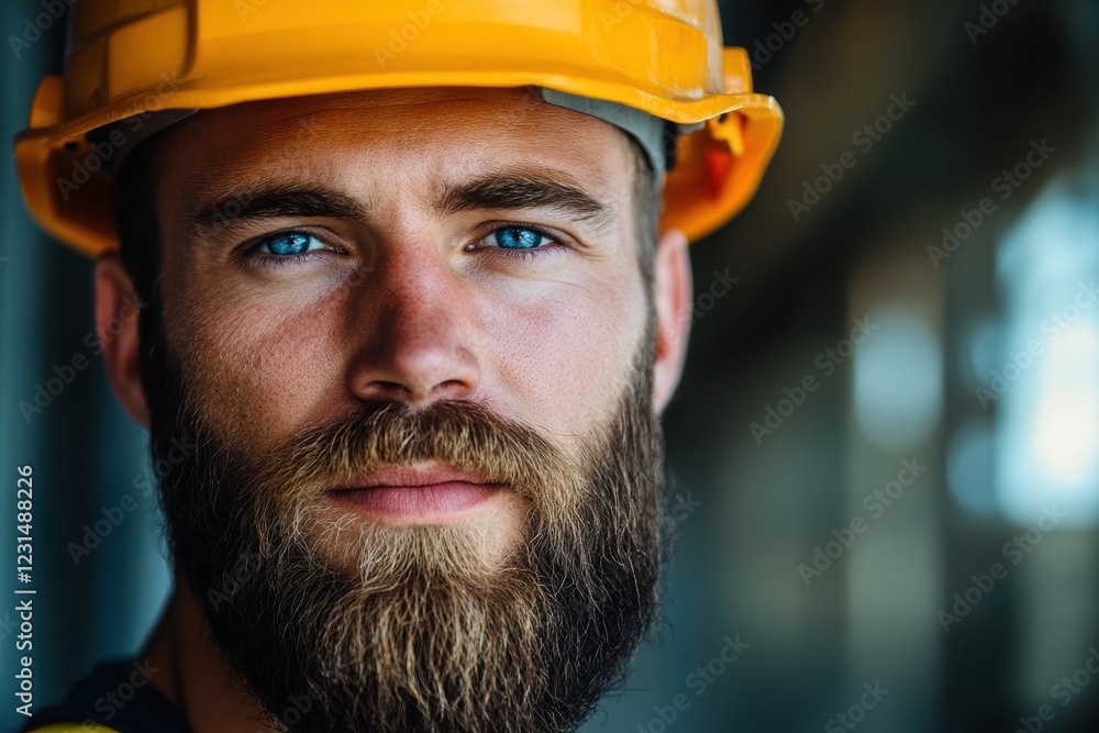 Construction worker in hard hat with beard and blue eyes, focused on safety at the building site, representing skilled labor and dedication to the project. Construction worker in hard hat with beard and blue eyes, focused on safety at the building site, representing skilled labor and dedication to the project.
