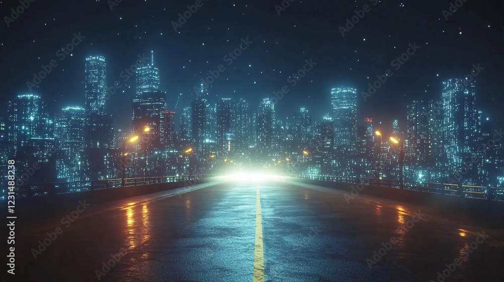 Obraz premium Futuristic Cityscape at Night with Glowing Lights and Reflective Road
