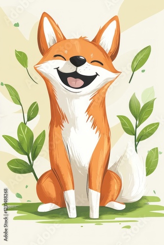 Happy fox sitting, green leaves background, spring illustration, children's book photo