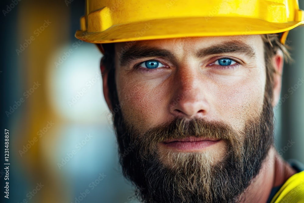 Construction worker with yellow hard hat smiling confidently, showcasing safety and professionalism in the building industry during job site operations. Construction worker with yellow hard hat smiling confidently, showcasing safety and professionalism in the building industry during job site operations.