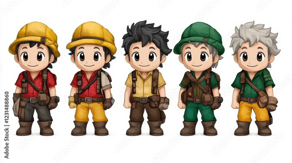 Five Cute Pixel Art Characters in Various Outfits and Hats on White