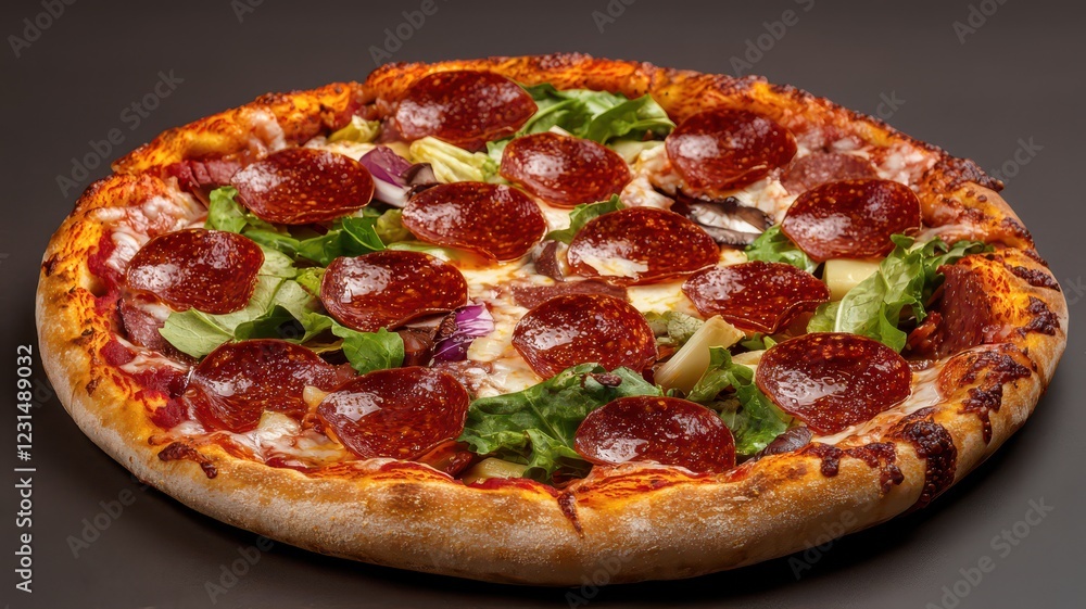 Delicious pepperoni pizza paired with a colorful mixed vegetable salad, featuring a blank space for your text. Delicious pepperoni pizza paired with a colorful mixed vegetable salad, featuring a blank space for your text.