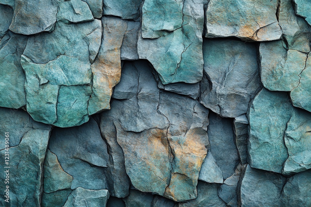 Close up of a textured rock wall featuring green and yellow paint splatters and weathered surface details Close up of a textured rock wall featuring green and yellow paint splatters and weathered surface details