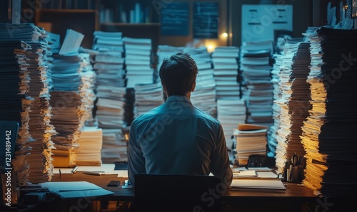 Back view Tiredness of overworked employees surrounded by stacks of paperwork working late into the night in the office, Generative AI