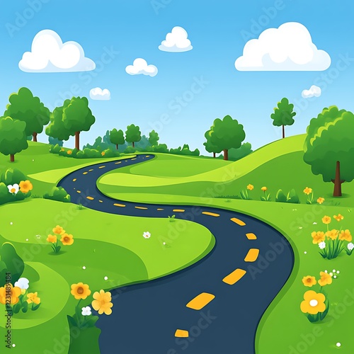 Winding road, green hills, sunny day, spring flowers, travel
