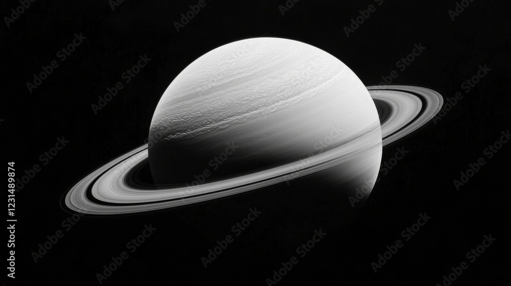 Monochrome image of Saturn, its rings, and dark background. Monochrome image of Saturn, its rings, and dark background.