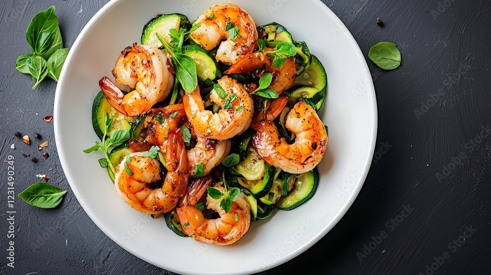 Delicious Grilled Shrimp with Fresh Vegetables on a White Plate, Garnished with Basil Leaves and Seasonings Delicious Grilled Shrimp with Fresh Vegetables on a White Plate, Garnished with Basil Leaves and Seasonings
