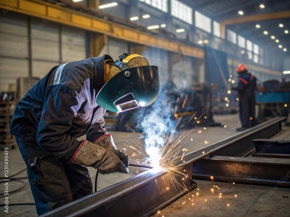 Skilled Welder Performing Metalwork in Industrial Workshop with Sparks and Machinery in Background Skilled Welder Performing Metalwork in Industrial Workshop with Sparks and Machinery in Background