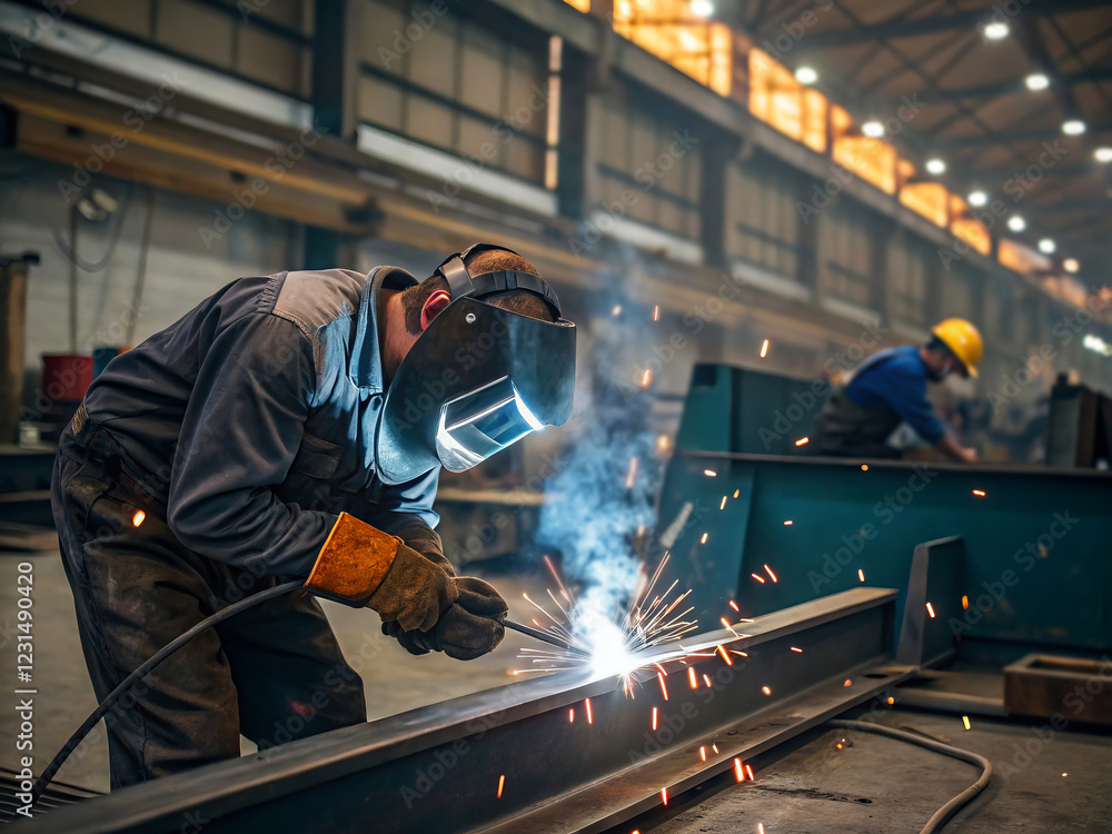 Skilled Welder Working with Sparks in Industrial Workshop Setting during Daytime Hours Skilled Welder Working with Sparks in Industrial Workshop Setting during Daytime Hours