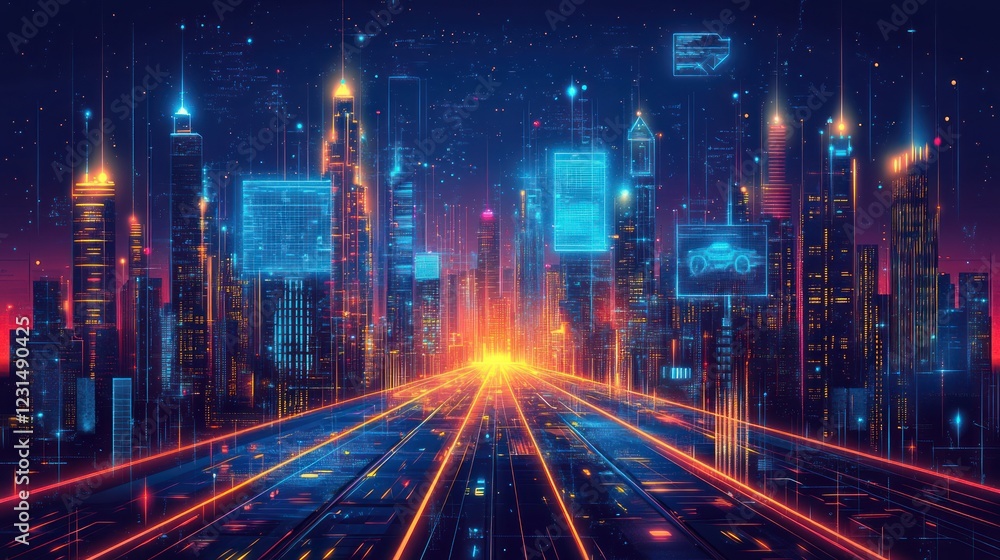 Futuristic city highway, digital data streams, sunset, technological advancement, marketing Futuristic city highway, digital data streams, sunset, technological advancement, marketing