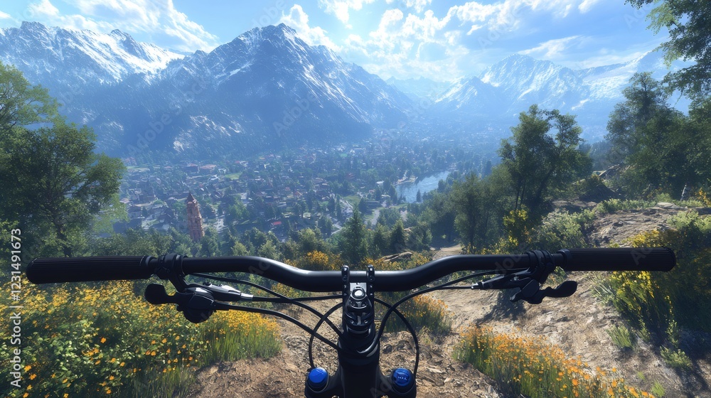Mountain biker enjoying the view of the valley from the top of a mountain trail