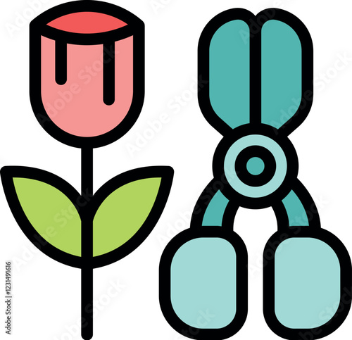 Gardening shears cutting a tulip flower in a colorful flat design