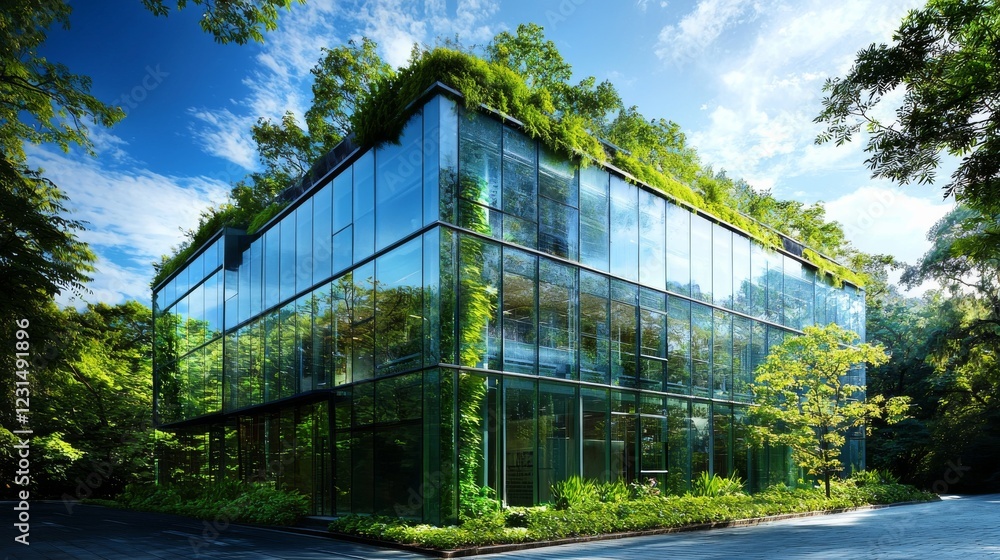 Fototapeta premium A modern glass building surrounded by lush greenery, showcasing a harmonious blend of architecture and nature under a bright blue sky.