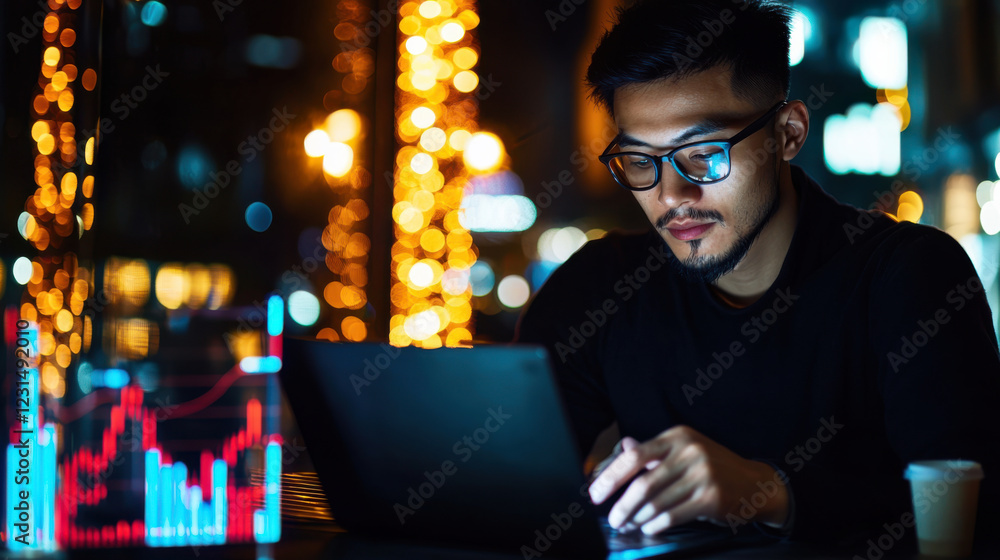 Young entrepreneur working on laptop at night with stock market data Young entrepreneur working on laptop at night with stock market data