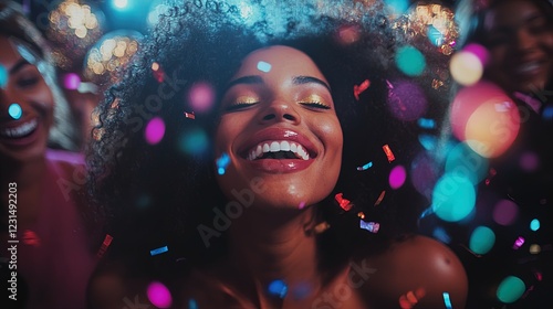Friends laughing and dancing in a New Year party with confetti and disco ball lights  