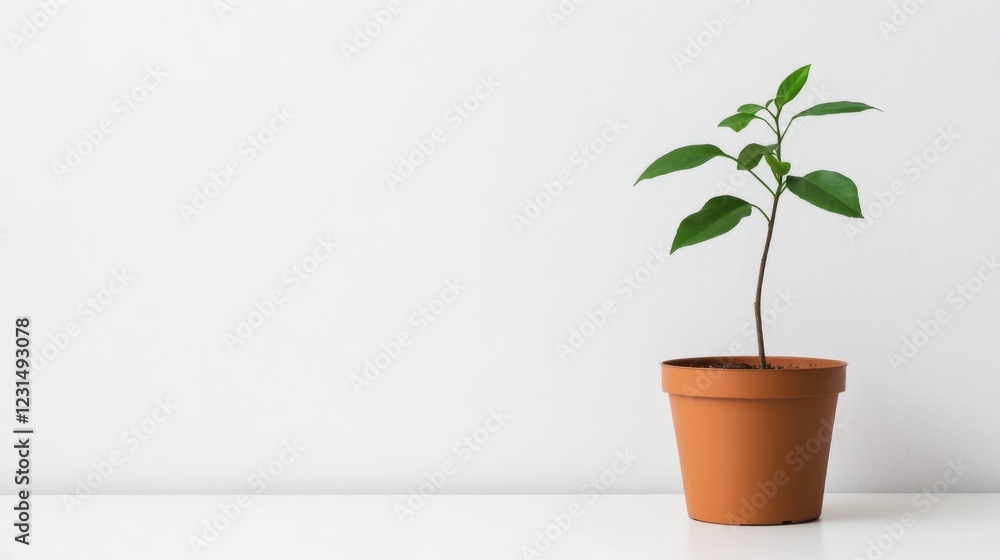 Obraz premium Small green plant in terracotta pot against white wall.
